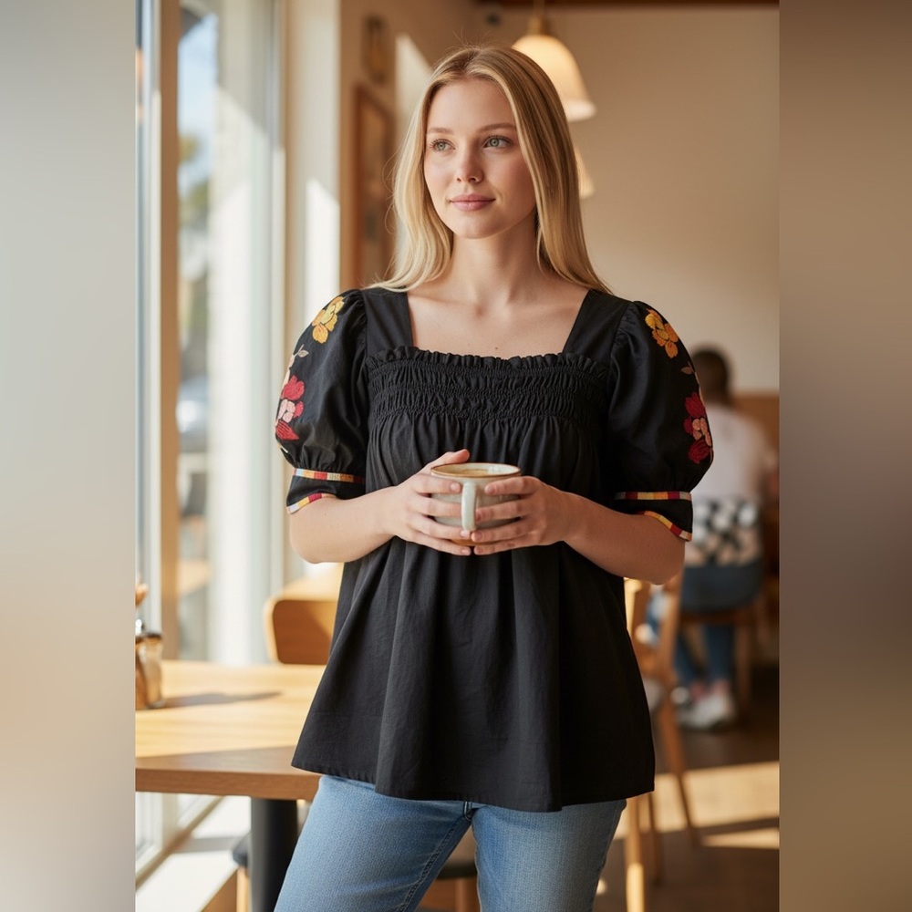 ODDI Solid Poplin Smocked Top Blouse Black Floral Accent Sise Small